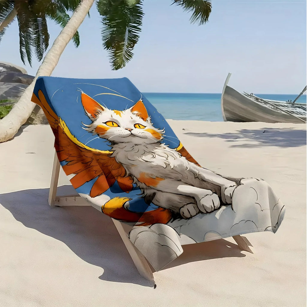 Angel-winged Cat Cartoon Pattern polyester microfiber beach towel is highly absorbent, suitable for swimming and beach outings