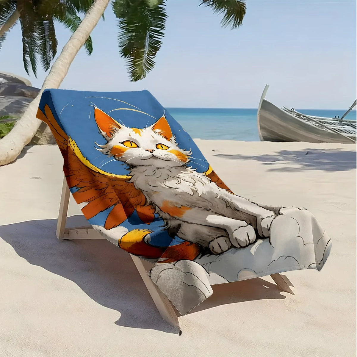 Angel-winged Cat Cartoon Pattern polyester microfiber beach towel is highly absorbent, suitable for swimming and beach outings